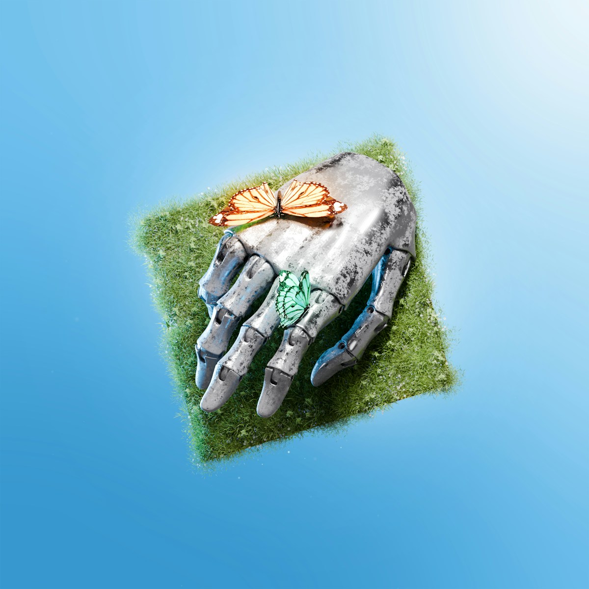 A butterfly rests on a mechanical hand.